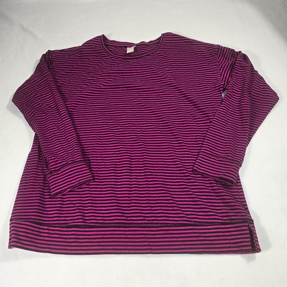 Chico's Zenergy Womens Size 2 Purple Black Striped Crew Neck Knit Top Stretch